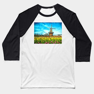 Windmill with Tulips Landscape Dutch Netherlands Scenic Print Baseball T-Shirt